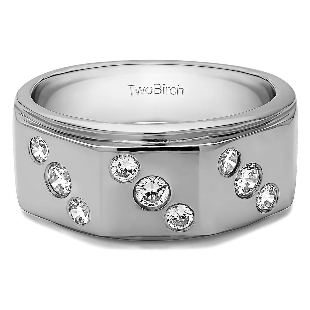 TwoBirch Three Row Round Burnished Set Men's Ring in Sterling Silver with Cubic Zirconia (0.48 CT)