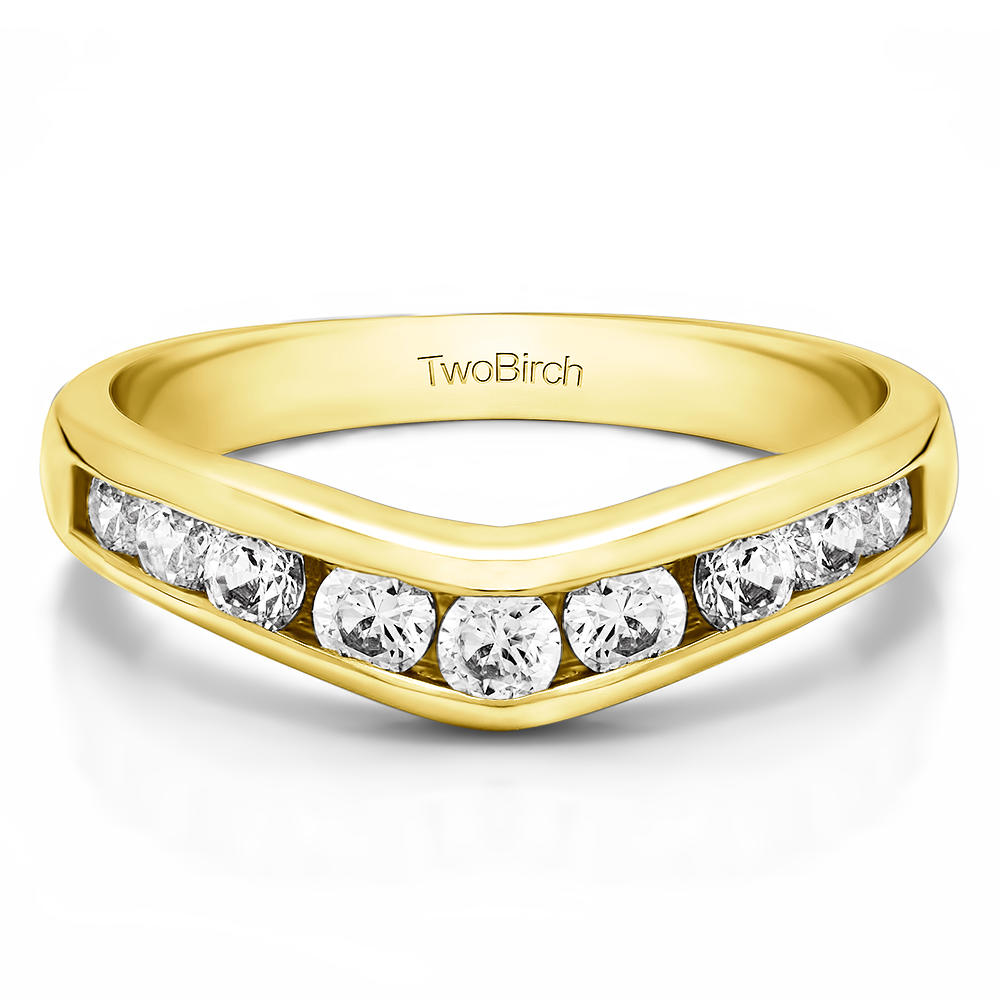 TwoBirch Chevron Inspired Classic Contour Wedding Band in Yellow Silver with Cubic Zirconia (0.75 CT)