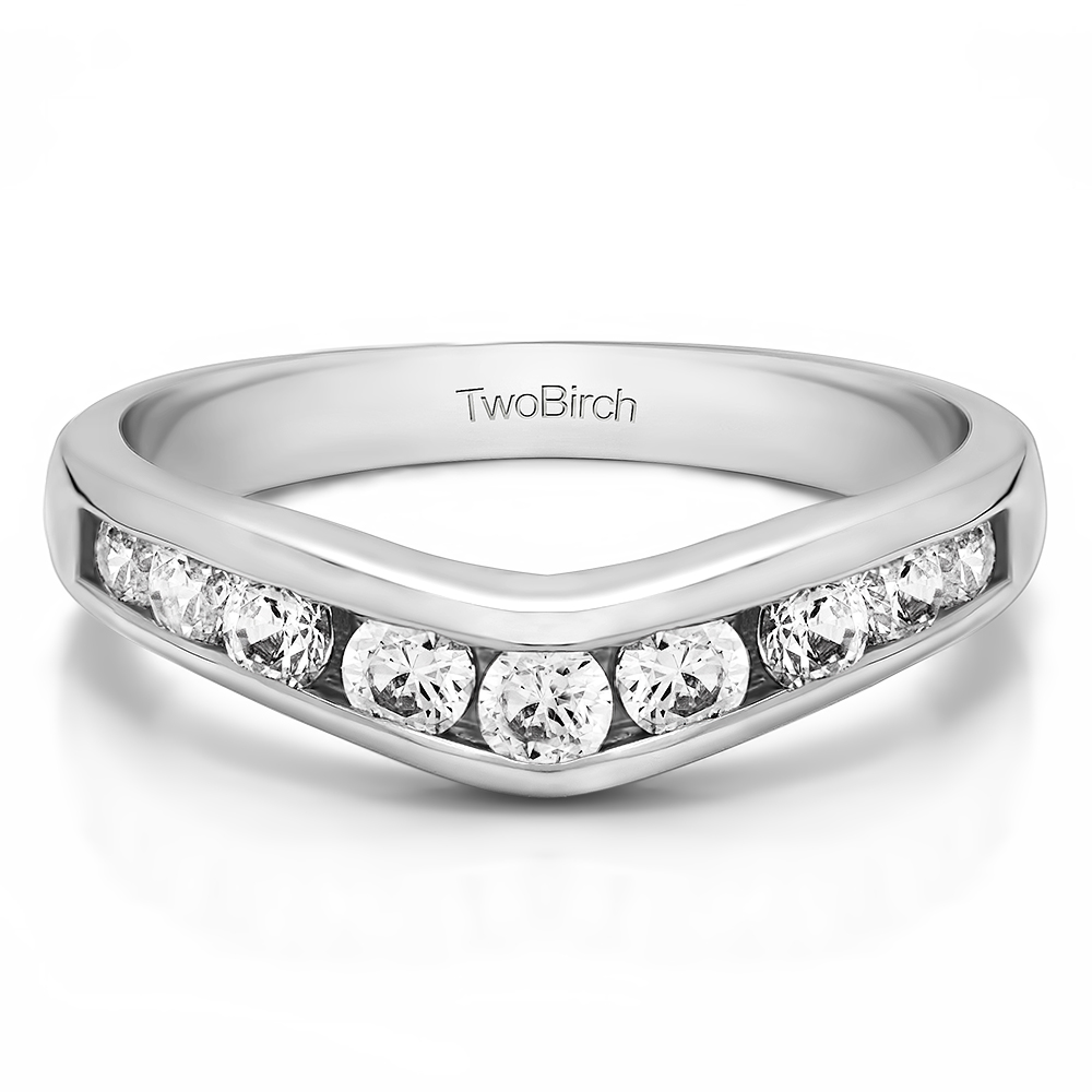 TwoBirch Chevron Inspired Classic Contour Wedding Band in 10k White Gold with Cubic Zirconia (0.75 CT)