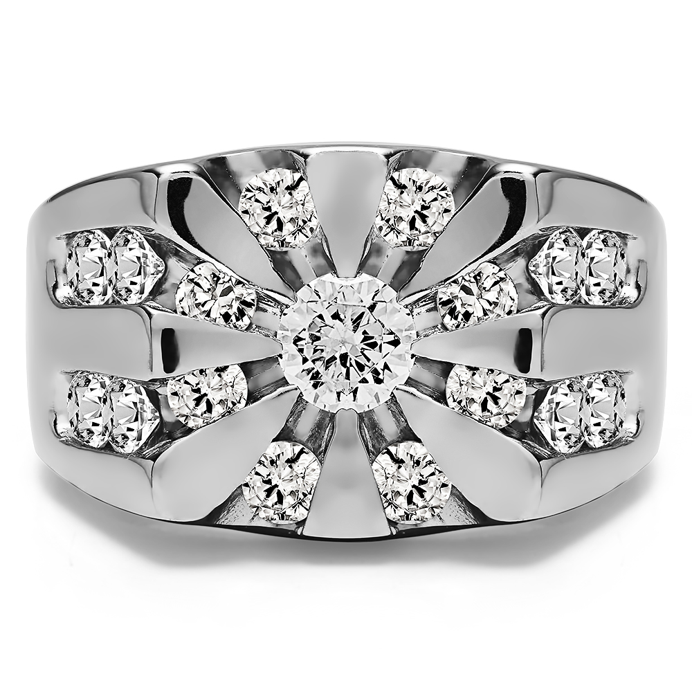 TwoBirch Round Channel Set Sun Burst Style Men's Ring in Sterling Silver with Cubic Zirconia (2 CT)
