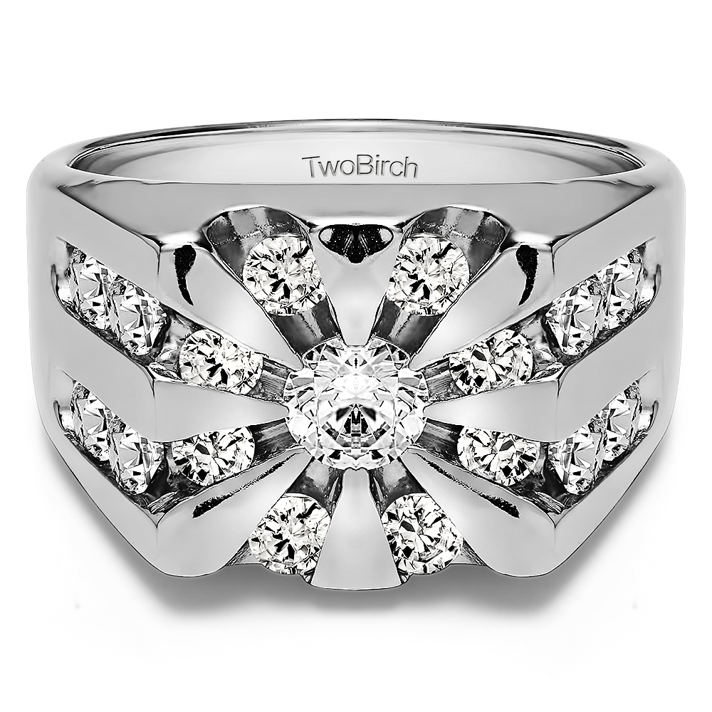 TwoBirch Round Channel Set Sun Burst Style Men's Ring in Sterling Silver with Cubic Zirconia (2 CT)