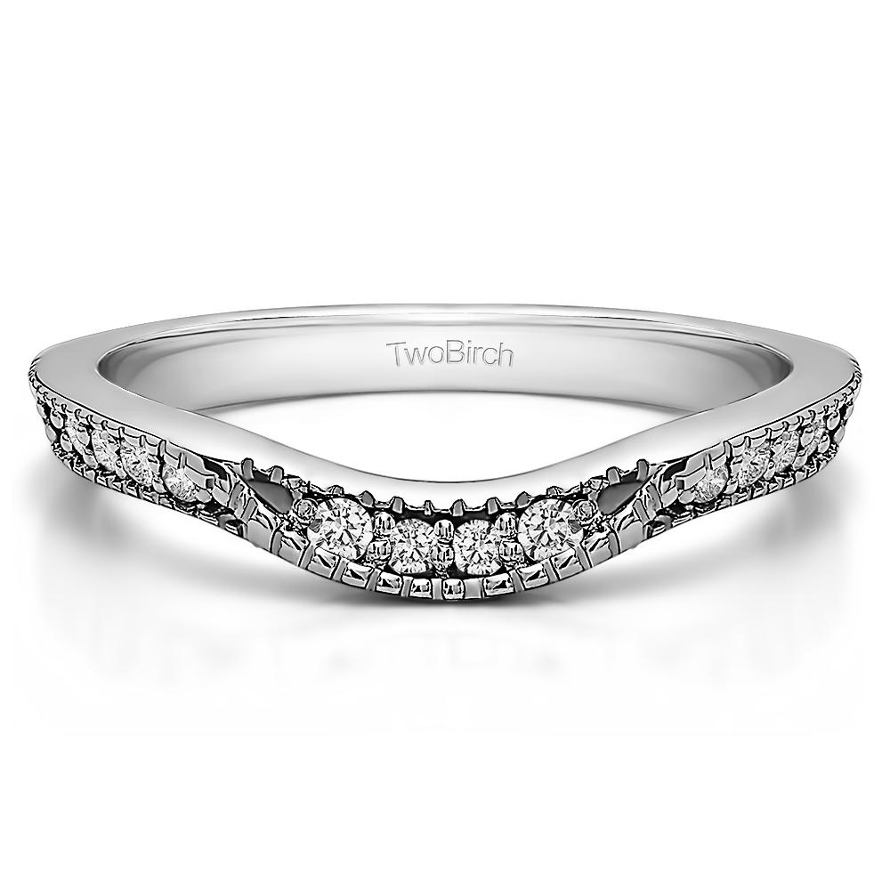TwoBirch Vintage Curved Wedding Ring in 10k White Gold with Cubic Zirconia (0.31 CT)