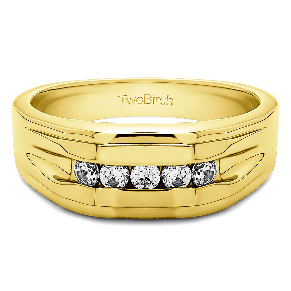 TwoBirch Unique Mens Ring or Unique Mens Fashion Ring  in 10k Yellow gold with Cubic Zirconia (0.5 CT)