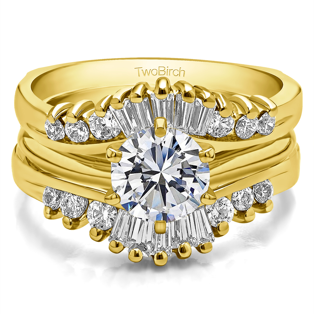 TwoBirch Classic Contour Style Ring Jacket Enhancer in Yellow Silver with Cubic Zirconia (0.65 CT)