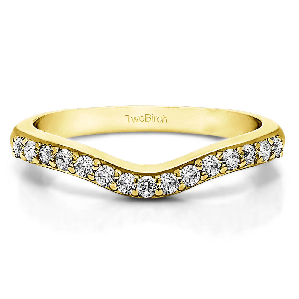 TwoBirch Delicate Curved Wedding Ring in Yellow Silver with Cubic Zirconia (0.25 CT)