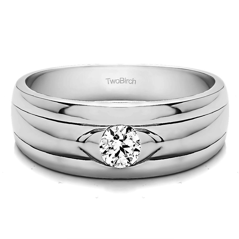 TwoBirch Solitaire Cool Mens Ring Or Mens Wedding Ring in 10k White Gold with Cubic Zirconia (0.95 CT)