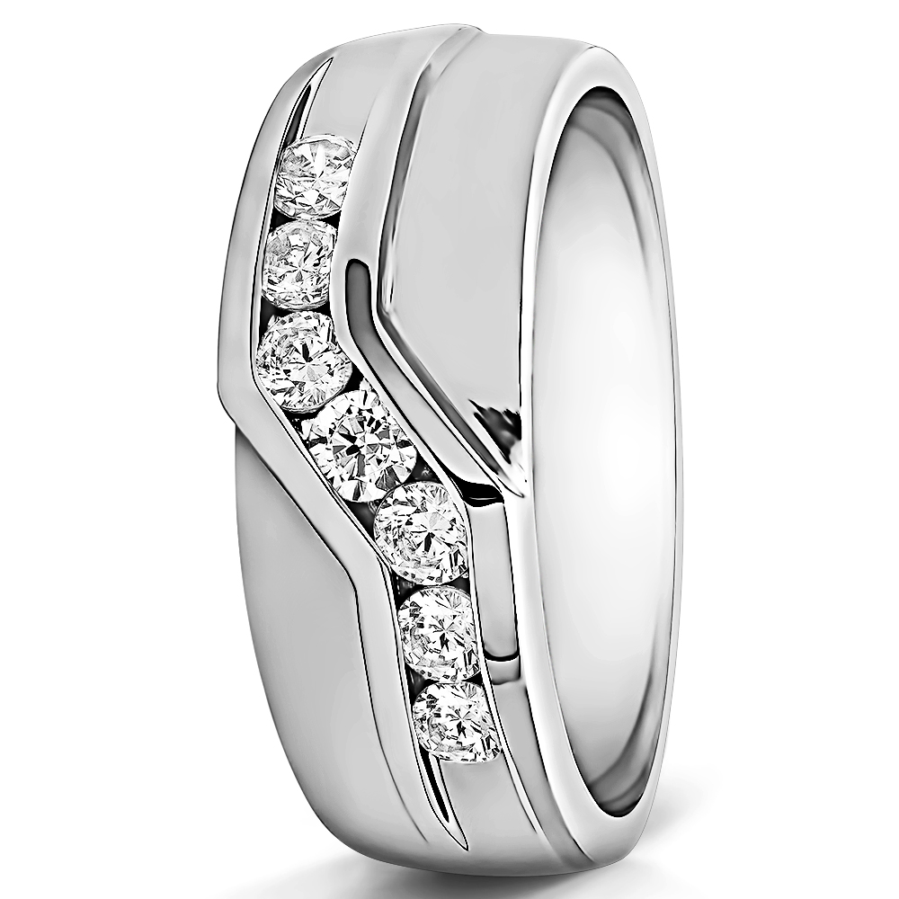 TwoBirch Twisted Channel Set Mens Wedding Ring or Unique Mens Fashion Ring in Sterling Silver with Cubic Zirconia (0.48 CT)