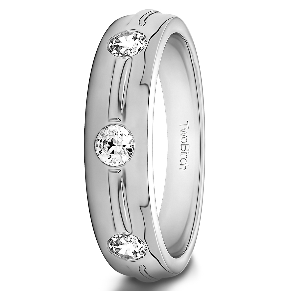 TwoBirch Three Stone Men's Wedding Ring or Mens Fashion Ring in Sterling Silver with Diamonds (G-H,I2-I3) (0.35 CT)