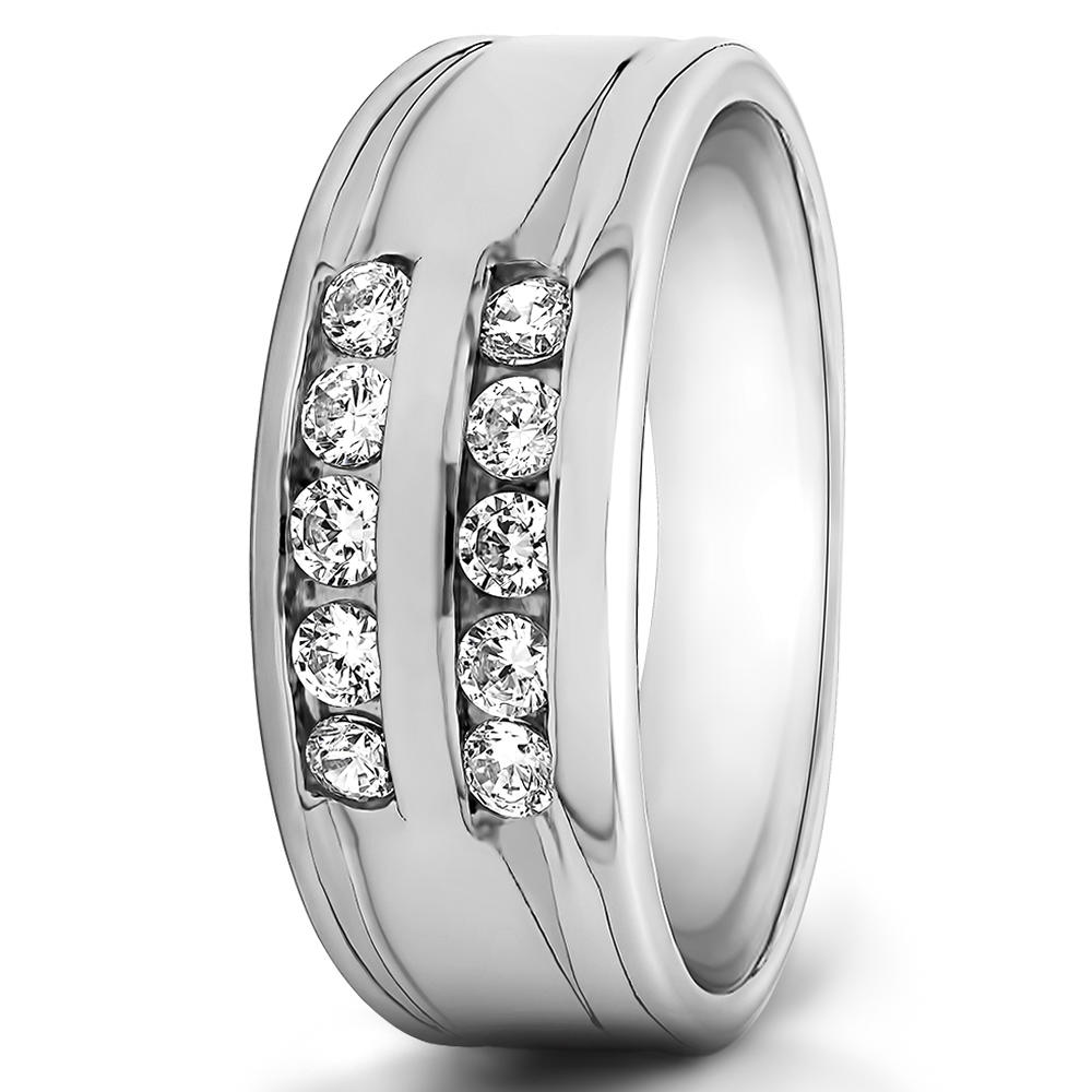 TwoBirch Double Row Channel Set Mens Wedding Ring or Unique Mens Fashion Ring in Sterling Silver with Cubic Zirconia (0.5 CT)