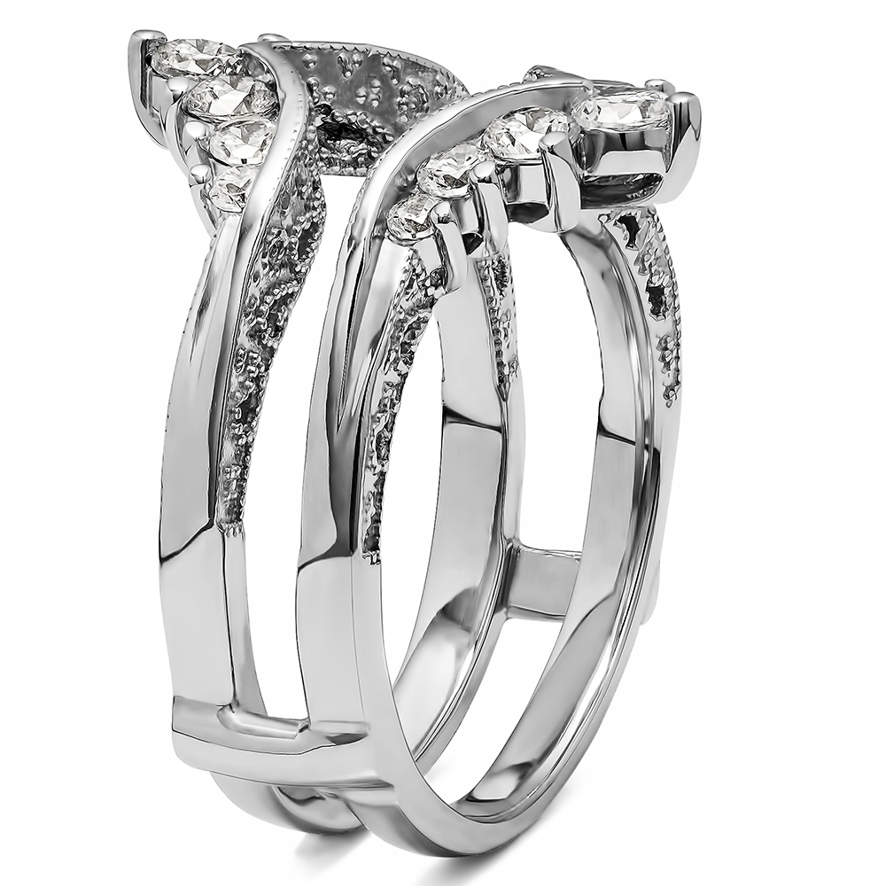 TwoBirch Chevron Style Ring Guard with Millgrained Edges and Filigree Cut Out Design in Sterling Silver with Cubic Zirconia (0.74 CT)