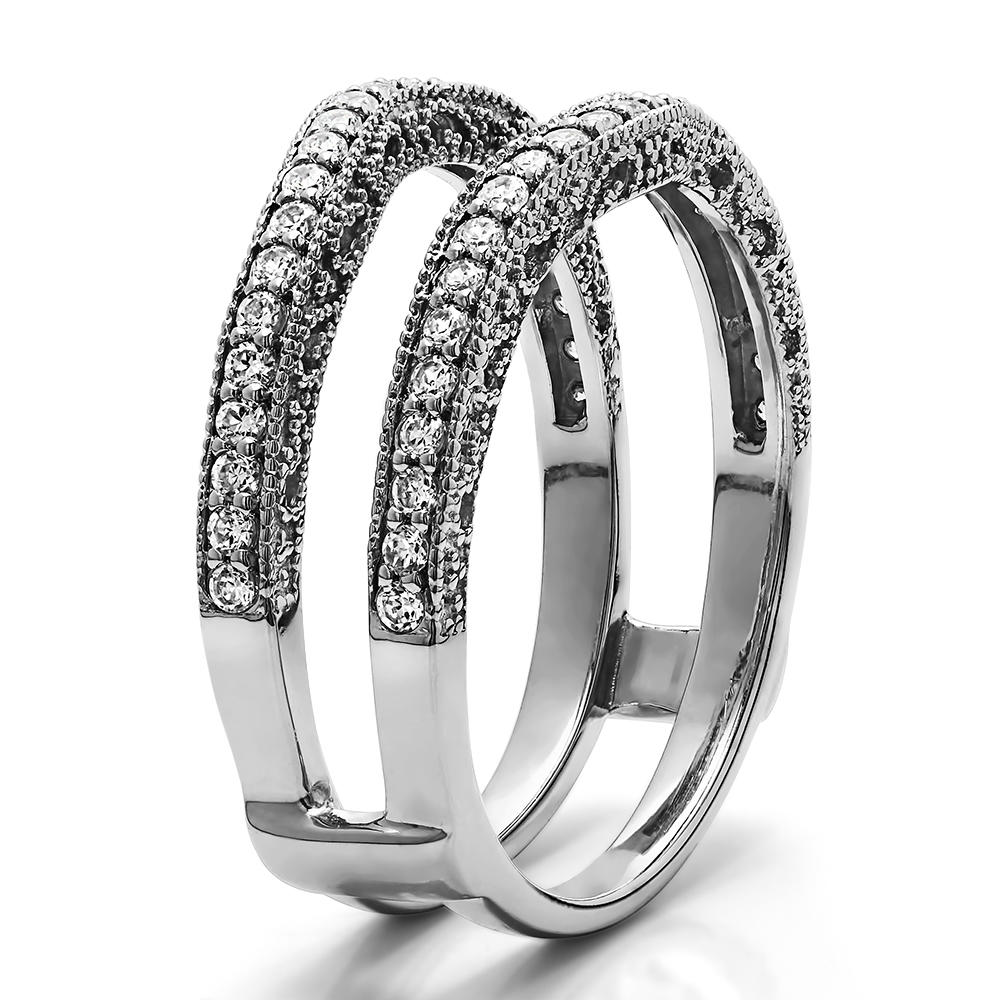 TwoBirch Contour Ring Guard with Millgrained Edges and Filigree Cut Out Design in Sterling Silver with Cubic Zirconia (0.48 CT)