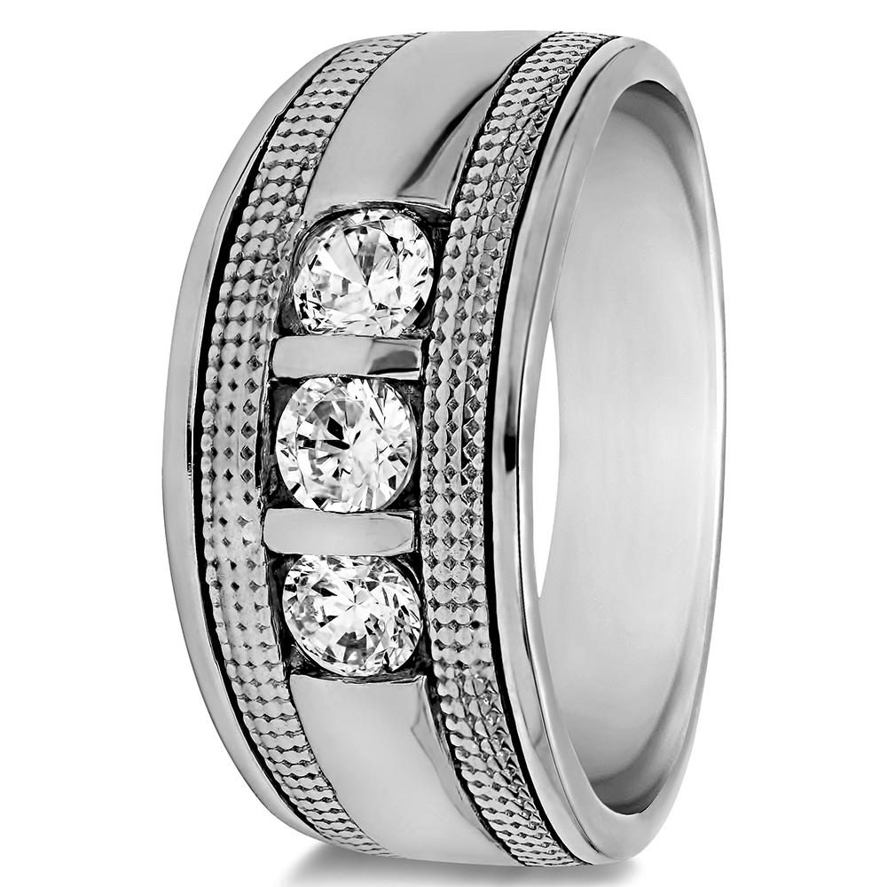 TwoBirch Cool Mens Ring or Unique Mens Wedding Band in 10k White Gold with Cubic Zirconia (0.74 CT)