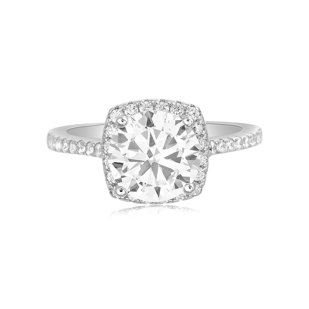 TwoBirch Classic Round Halo Solitaire Engagement Ring with 18k White Gold Plated Sterling Silver and Cubic Zirconia 