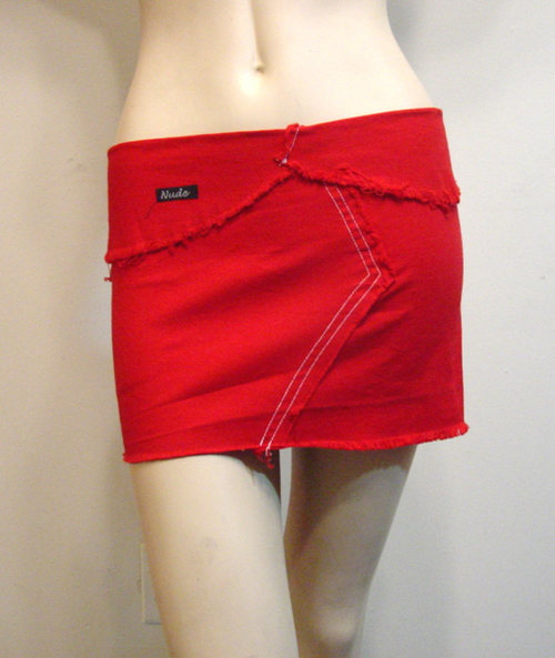 FUNFASH DENIM CANDY APPLE RED JEANS DESTROYED FRAYED MINI SKIRT MADE IN USA