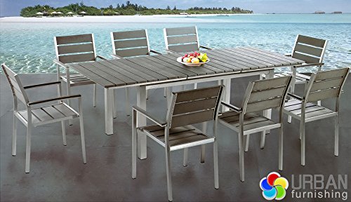 9 Piece Brushed Nickel Poly Wood Extendable Outdoor Patio Dining Brushed Nickel Poly Wood Extendable