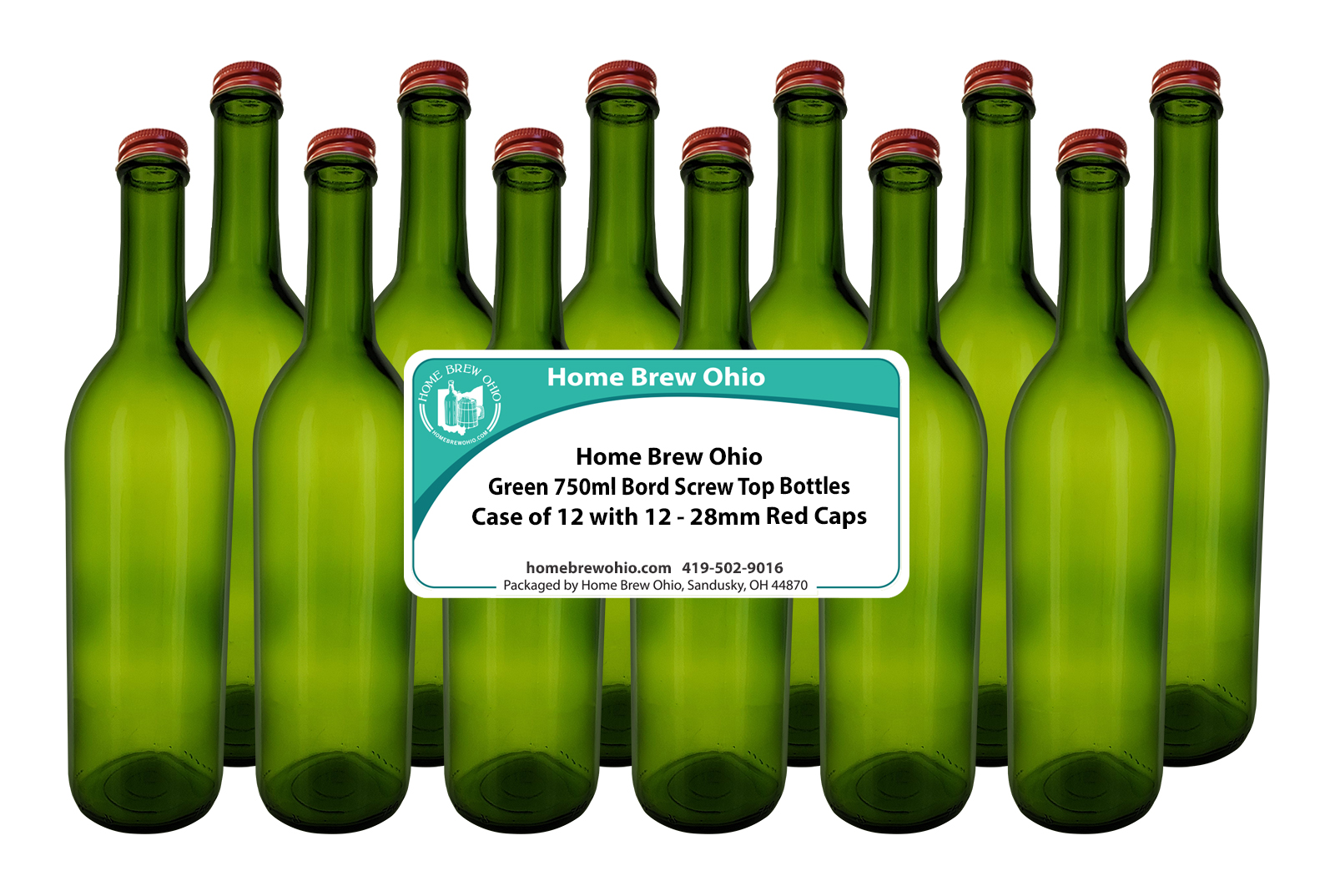 HOME BREW OHIO HOMEBREWOHIO.COM 750 ml Green Bordeaux Bottles, Screw Top, Case of 12 With 28mm Red Metal Lids