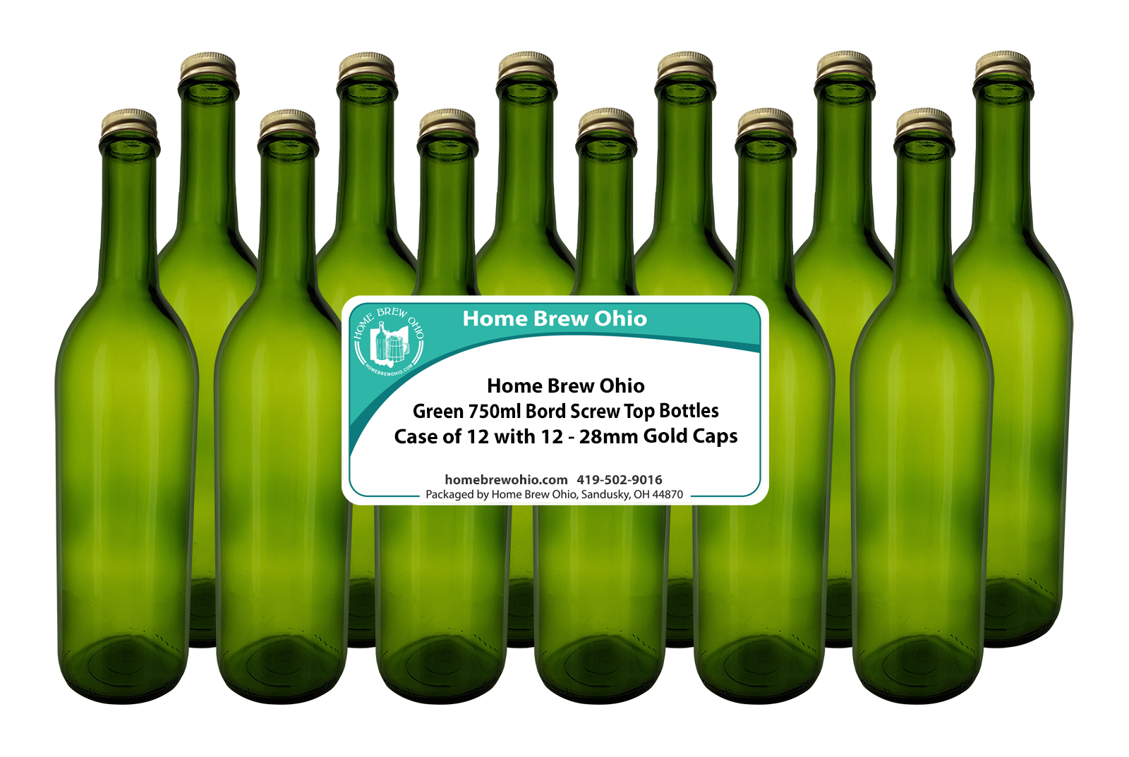 HOME BREW OHIO HOMEBREWOHIO.COM Home Brew Ohio 750ml Green Screw Cap Wine Bottles w/28mm Gold Metal Screw Caps