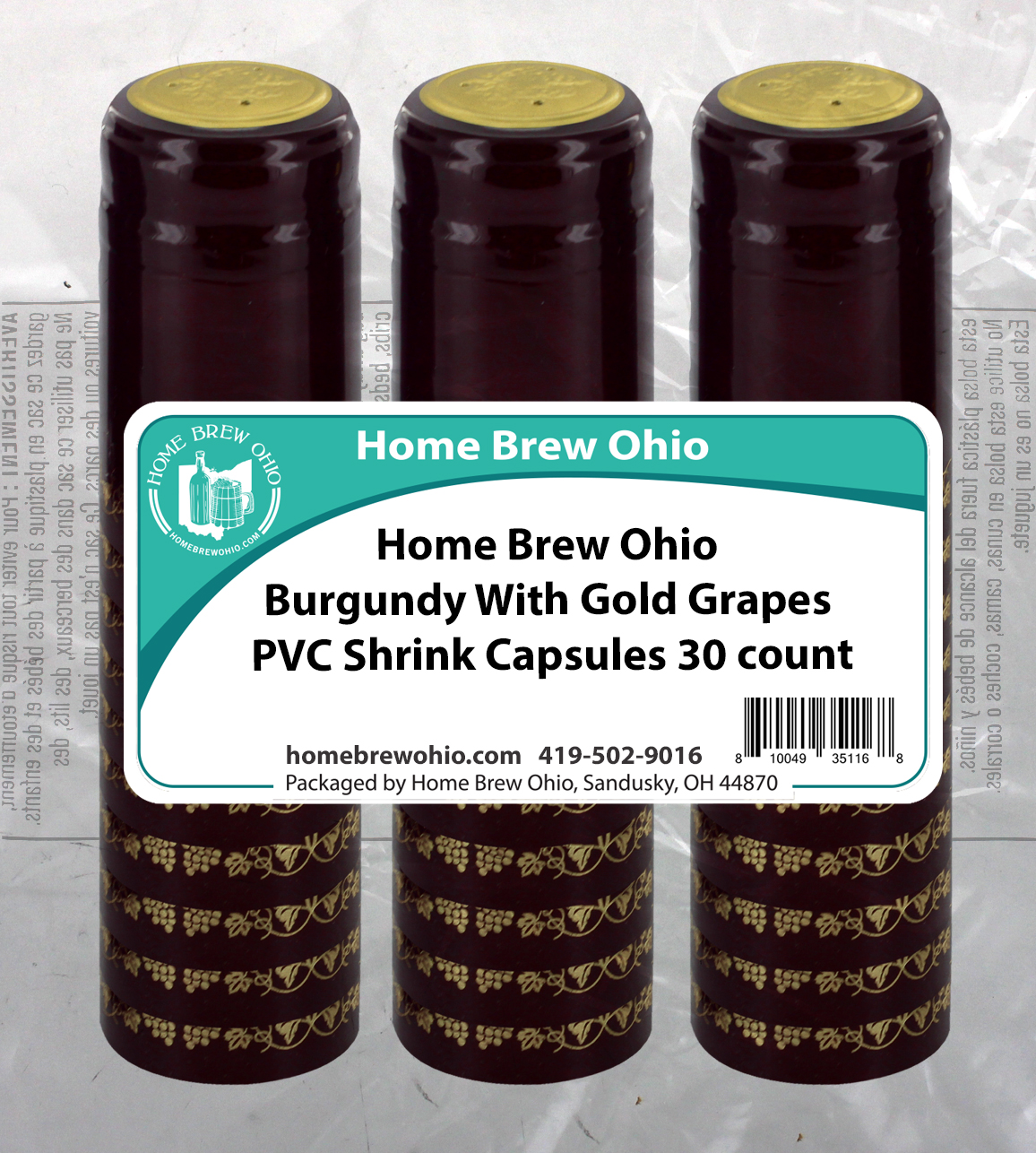 HOME BREW OHIO HOMEBREWOHIO.COM Home Brew Ohio Burgundy With Gold Grapes PVC Shrink Capsules 30 count