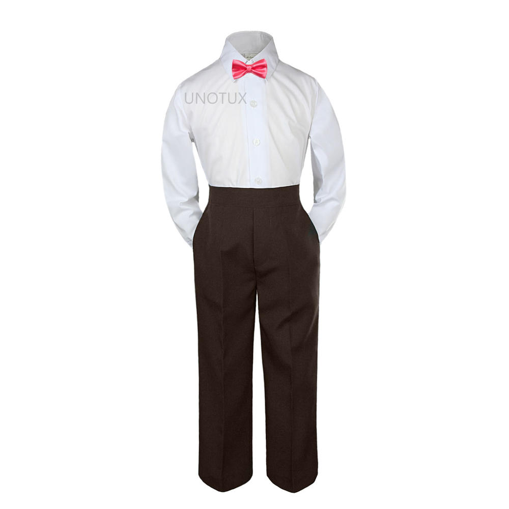 Leadertux 3pc S M L XL 2T 3T 4T Baby Toddler Boys Shirt Brown Pants Suits Tuxedo Formal Wedding Party Outfits Bow Tie Set