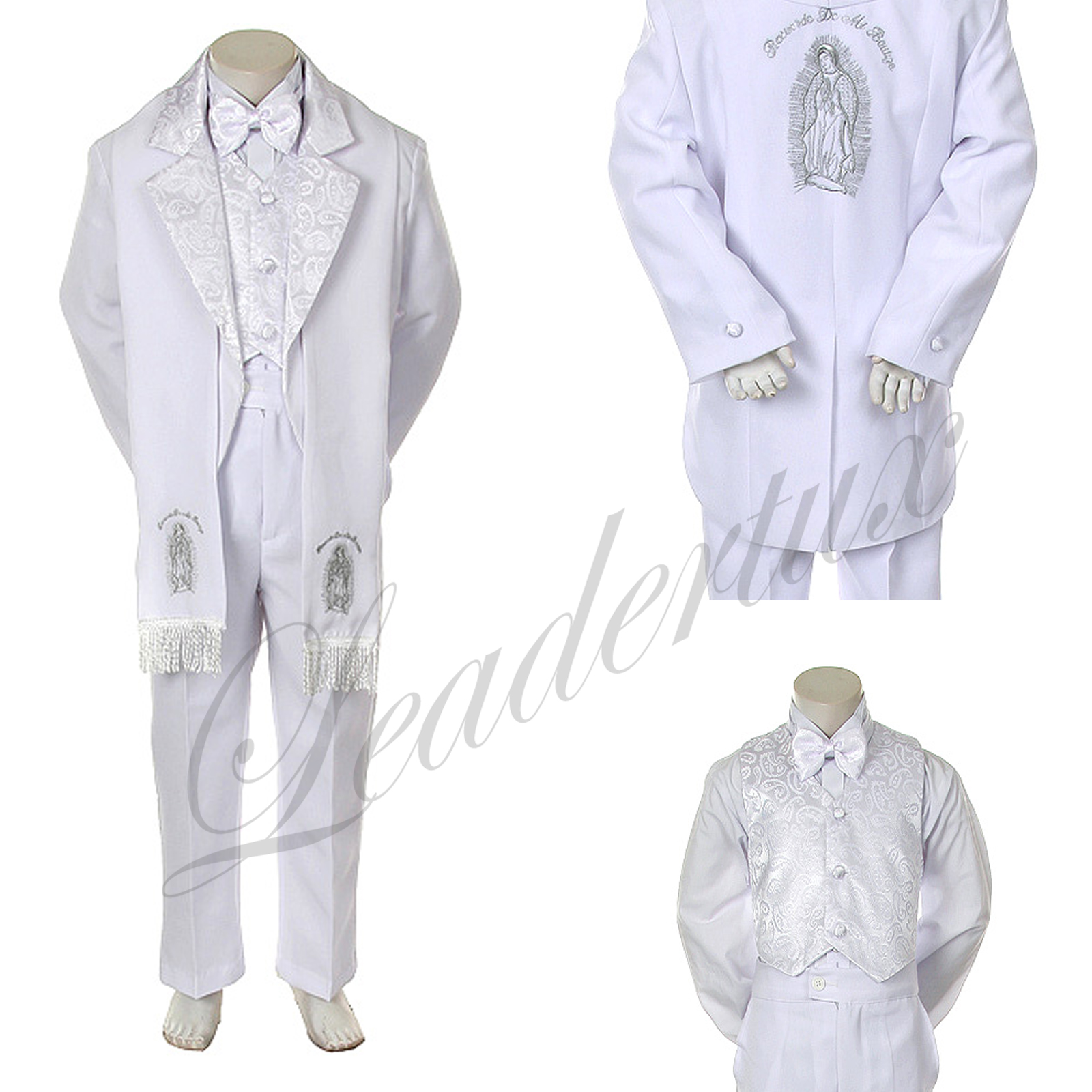 Leadertux 2T 3T 4T Baby Toddler White Formal Christening Baptism Church Boy Suit Tuxedo Outfit 6pc Set + Stole Silver Embroidery