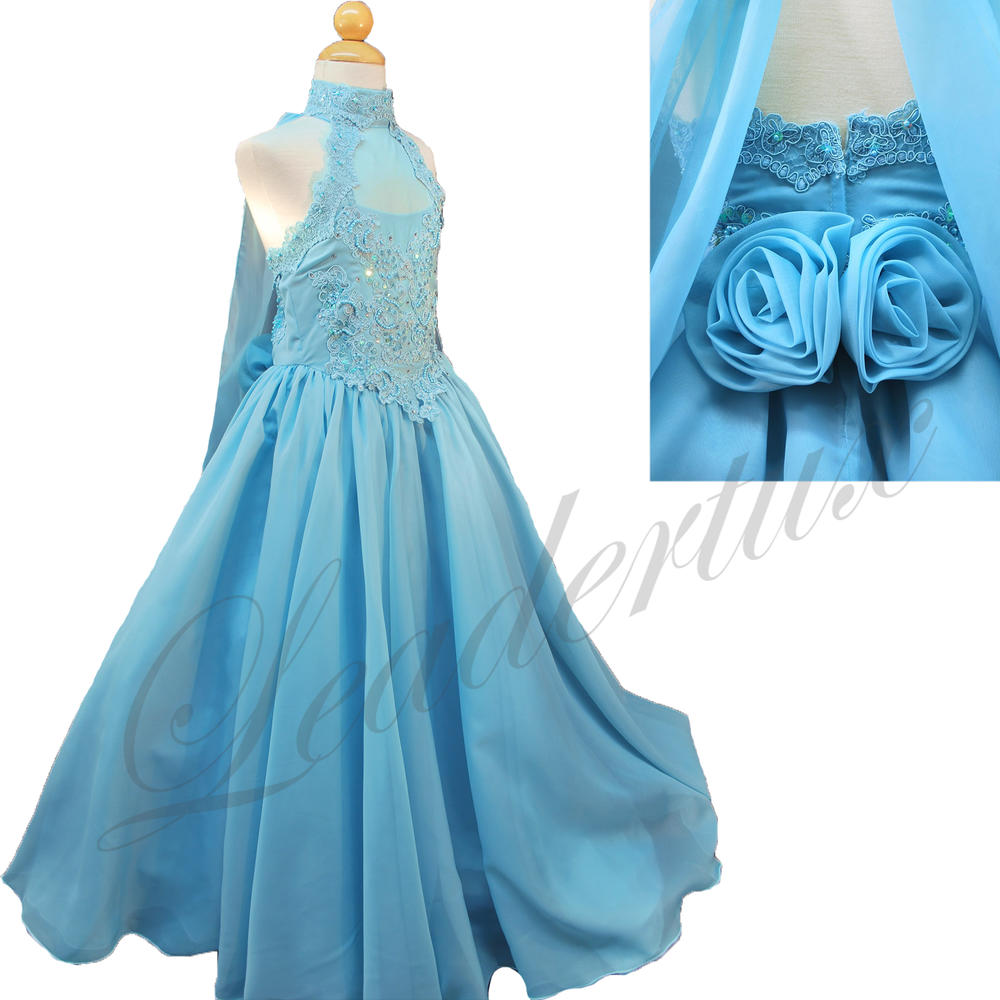 Leadertux 10 12 14 Blue Aqua Child Early Teen Girl Formal National Pageant  Wedding Dance Party Recital Short Dress