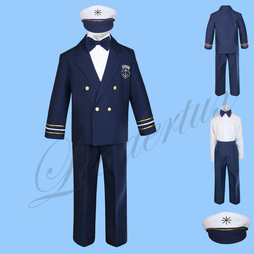 Leadertux 5pc Baby Boys Toddler Navy Captain Sailor Suit Formal Party Wedding Navy Pants Outfits with Hat M L XL 2T 3T 4T
