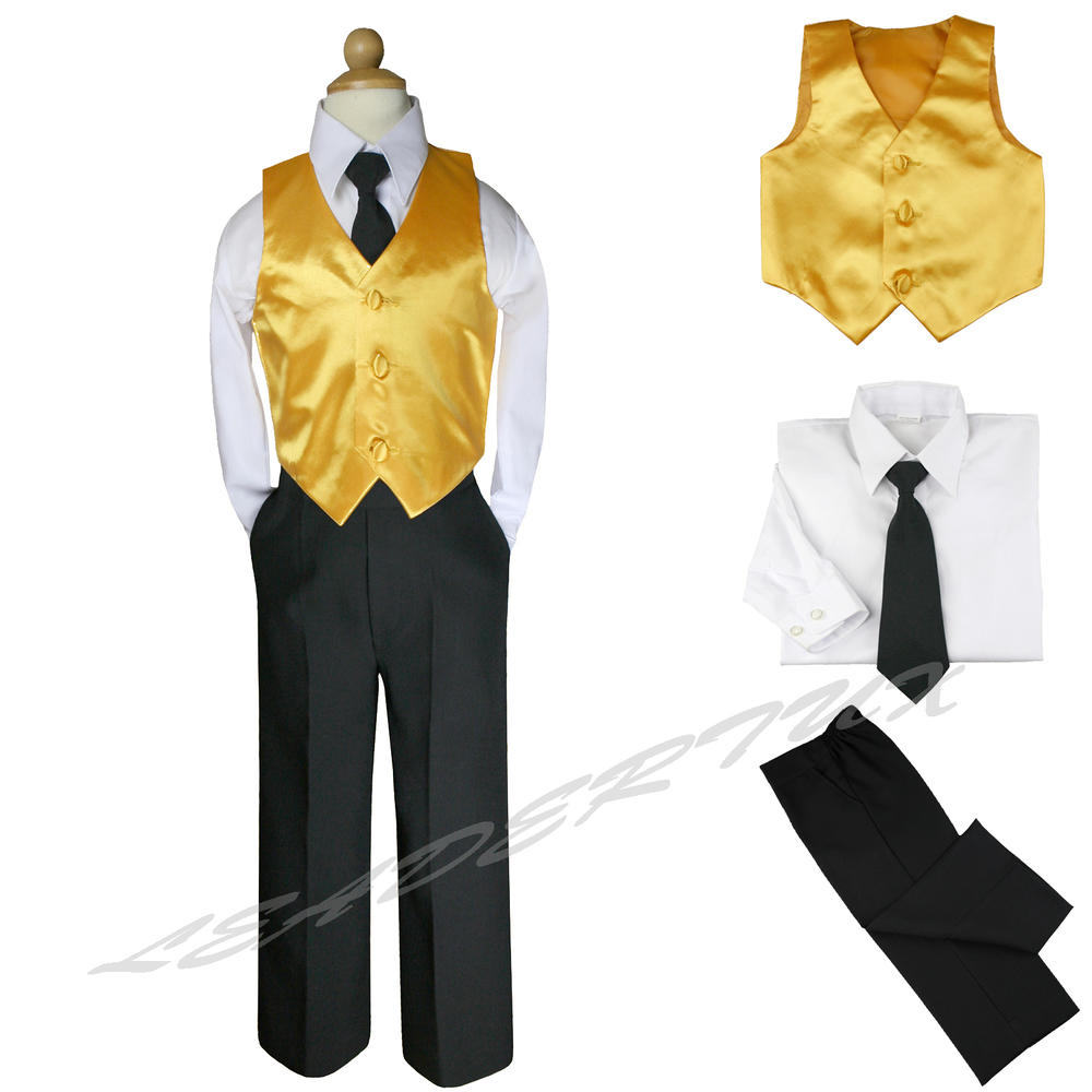 Leadertux 5 6 7 Satin Yellow Vest Child Kid Black Formal Wedding Birthday Party Boy Suit Tuxedo Outfit 4pc Set