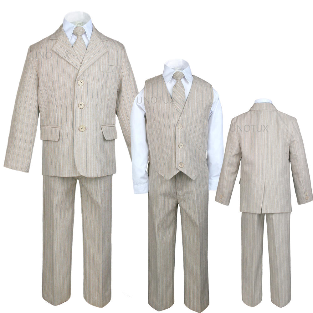 Leadertux S M L XL 2T 3T 4T Baby Infant Toddler Khaki Formal Wedding Birthday Party Boy Pinstripe Suit Tuxedo Outfit 5pc Set