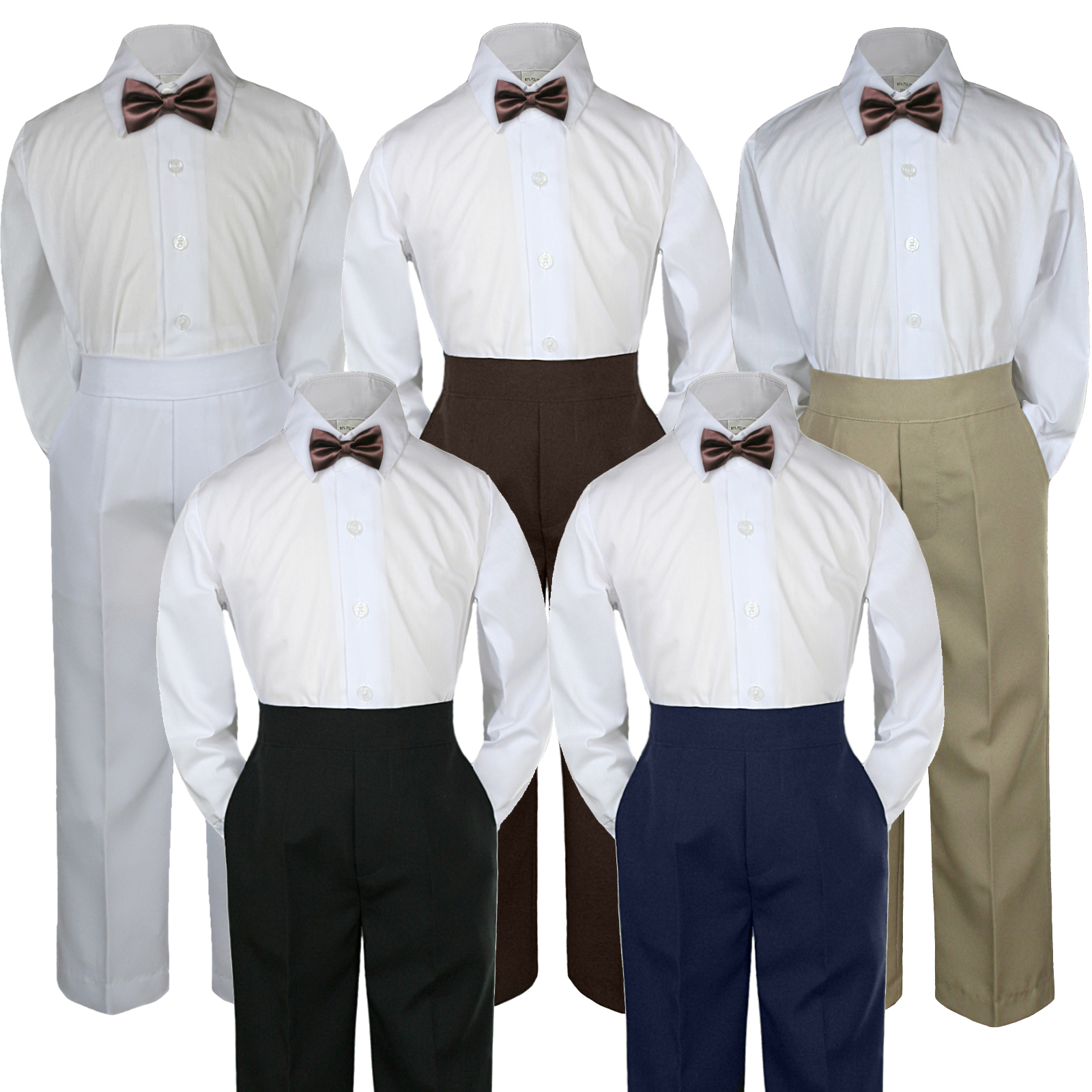 Leadertux 3pc S M L XL 2T 3T 4T Baby Toddler Boys Shirt Pants Suits Tuxedo Formal Wedding Party Outfits Brown Chocolate Bow Tie