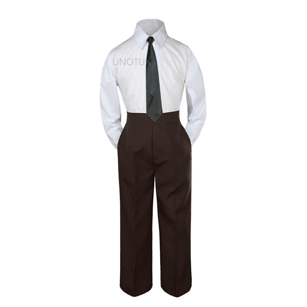 Leadertux 3pc S M L XL 2T 3T 4T Baby Toddler Boy Shirt Brown Pants Suits Tuxedo Uniform Formal Wedding Party Outfits Necktie Set