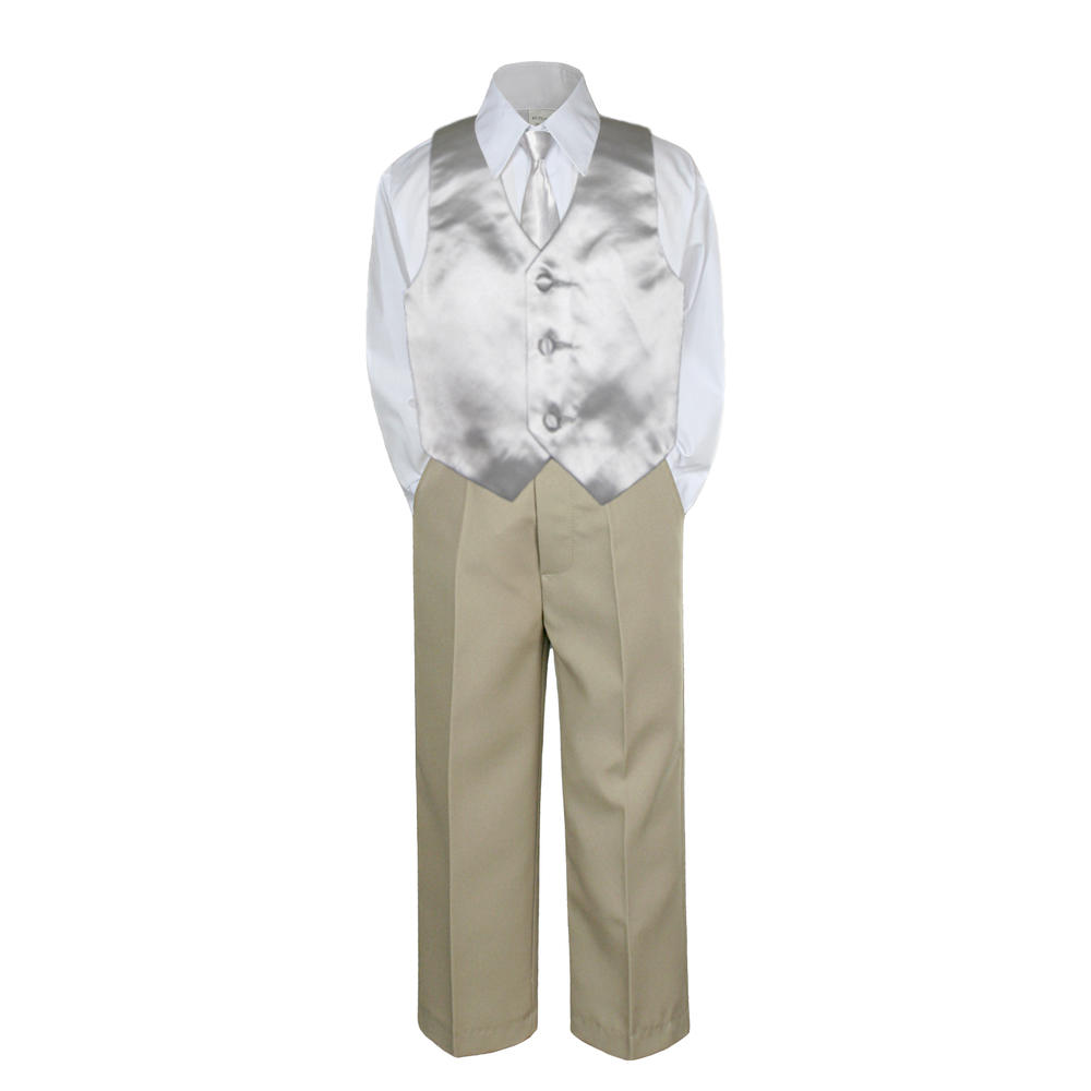 Leadertux 4pc S M L XL 2T 3T 4T Baby Toddler Boys Shirt Khaki Pants Suits Tuxedo Formal Wedding Party Necktie Vest Set