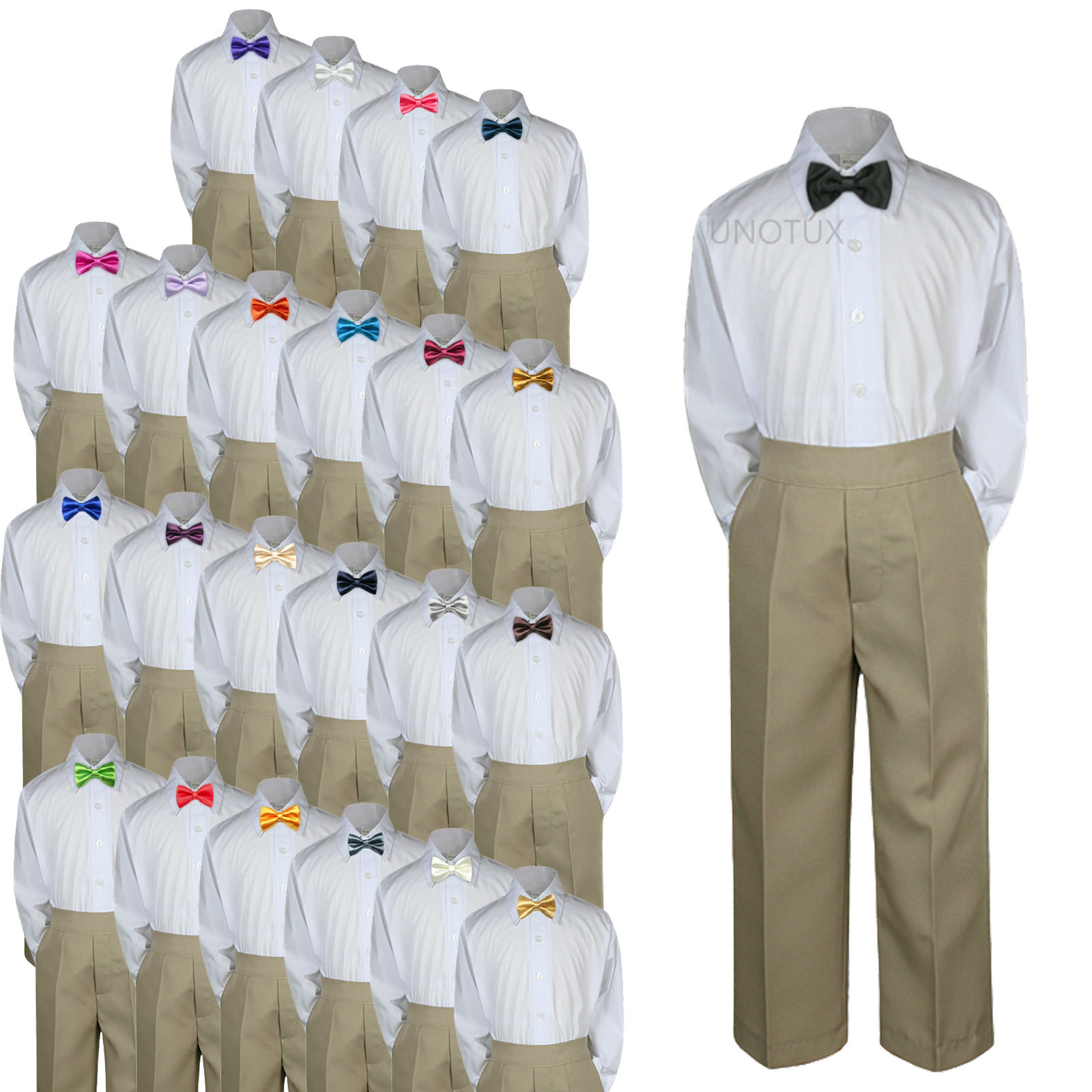 Leadertux 3pc S M L XL 2T 3T 4T Baby Toddler Boys Shirt Khaki Pants Suits Separate Tuxedo Formal Wedding Party Outfits Extra Bow