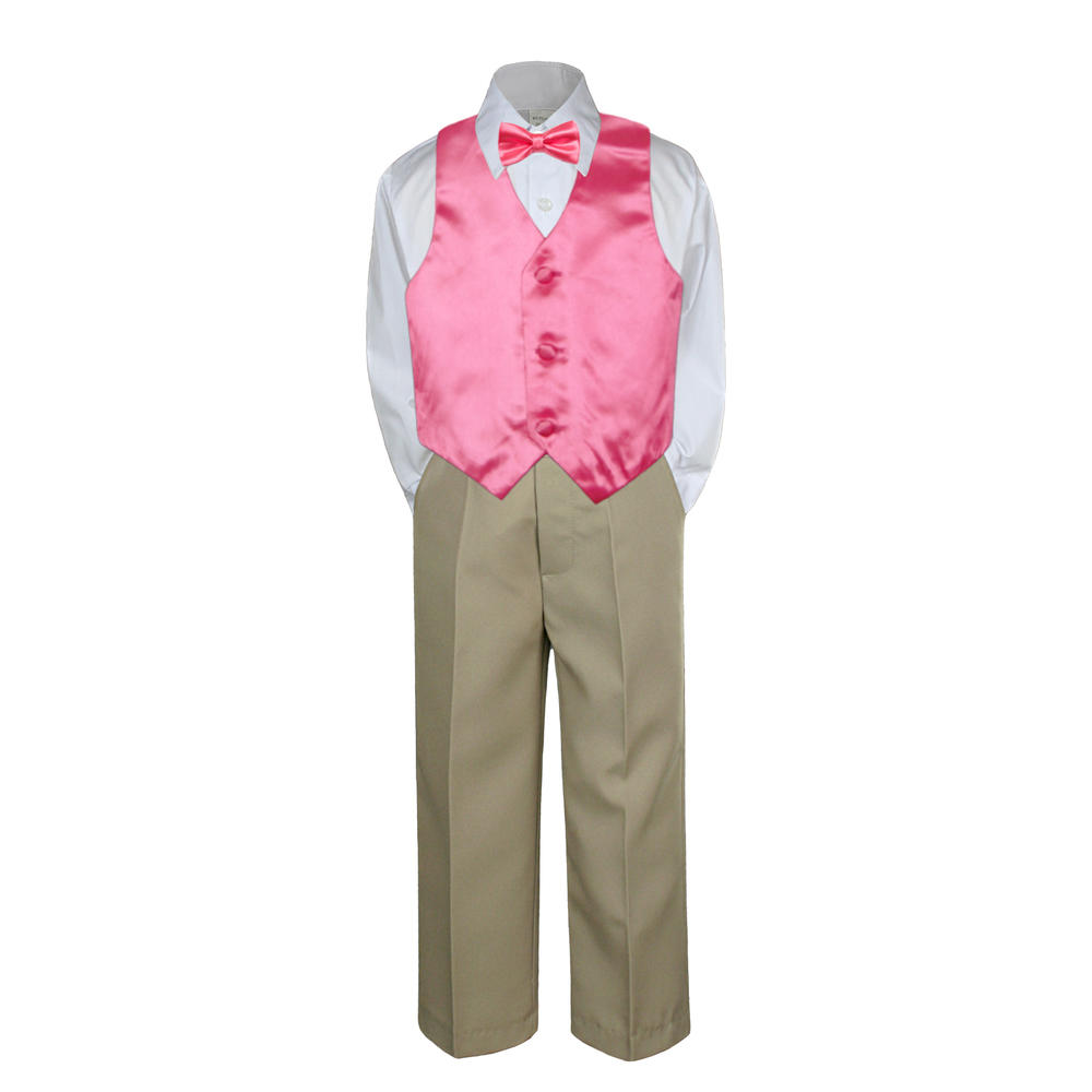 Leadertux 4pc 5 6 7 Kid Child Children Boys Boys Shirt Khaki Pants Suits Tuxedo Formal Wedding Party Bow Tie Vest Set