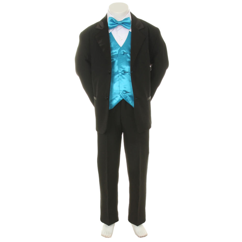 Leadertux S M L XL 2T 3T 4T 7pc Set Turquoise Bow Tie & Vest + Baby Toddler Black Satin Lapel Boy Suit Tuxedo Wedding Formal