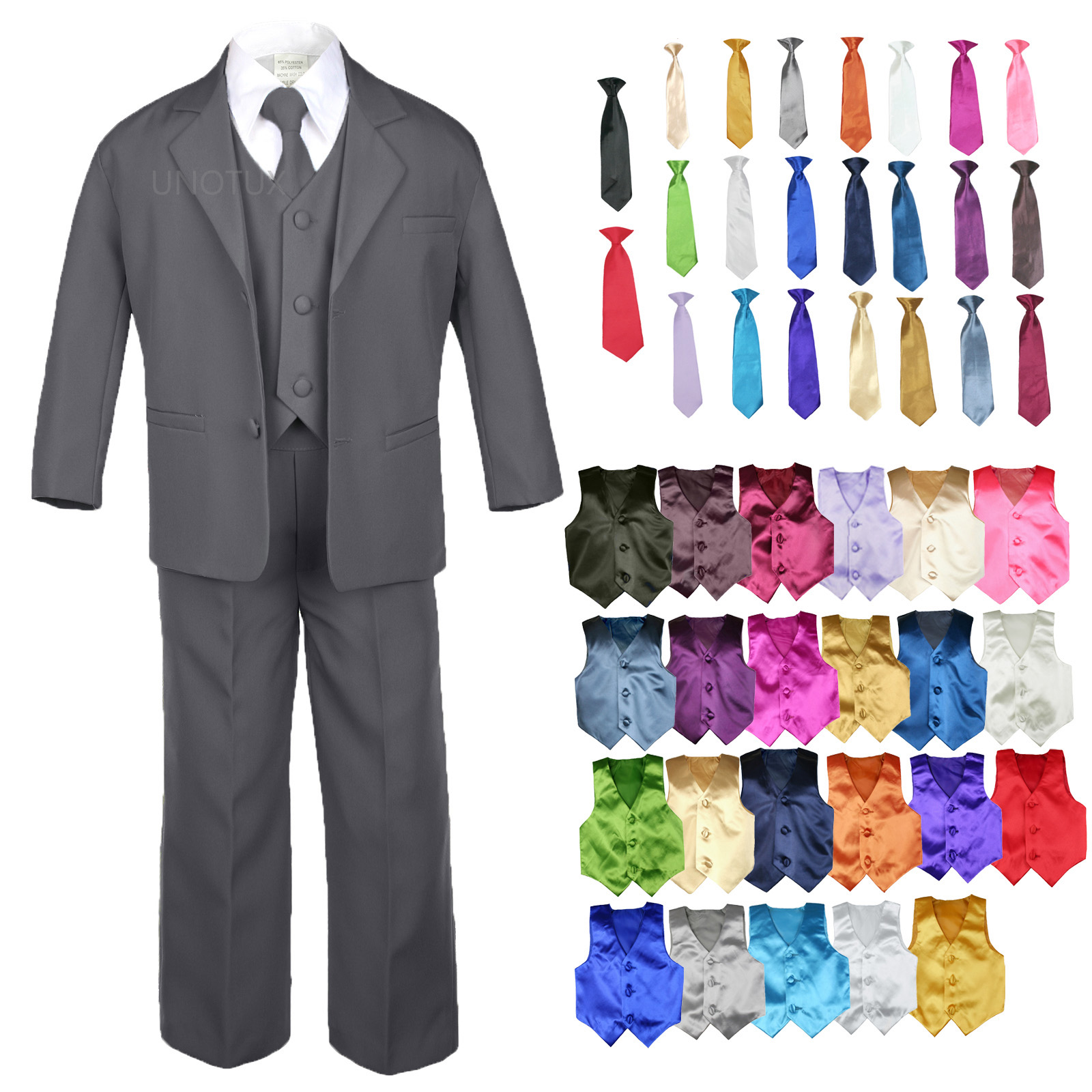 LEADERTUX 7pc S M L XL 2T 3T 4T Baby Toddler Boys Dark Grey Suits Tuxedo Formal Wedding Party Outfit Extra Satin Red Necktie Vest Set