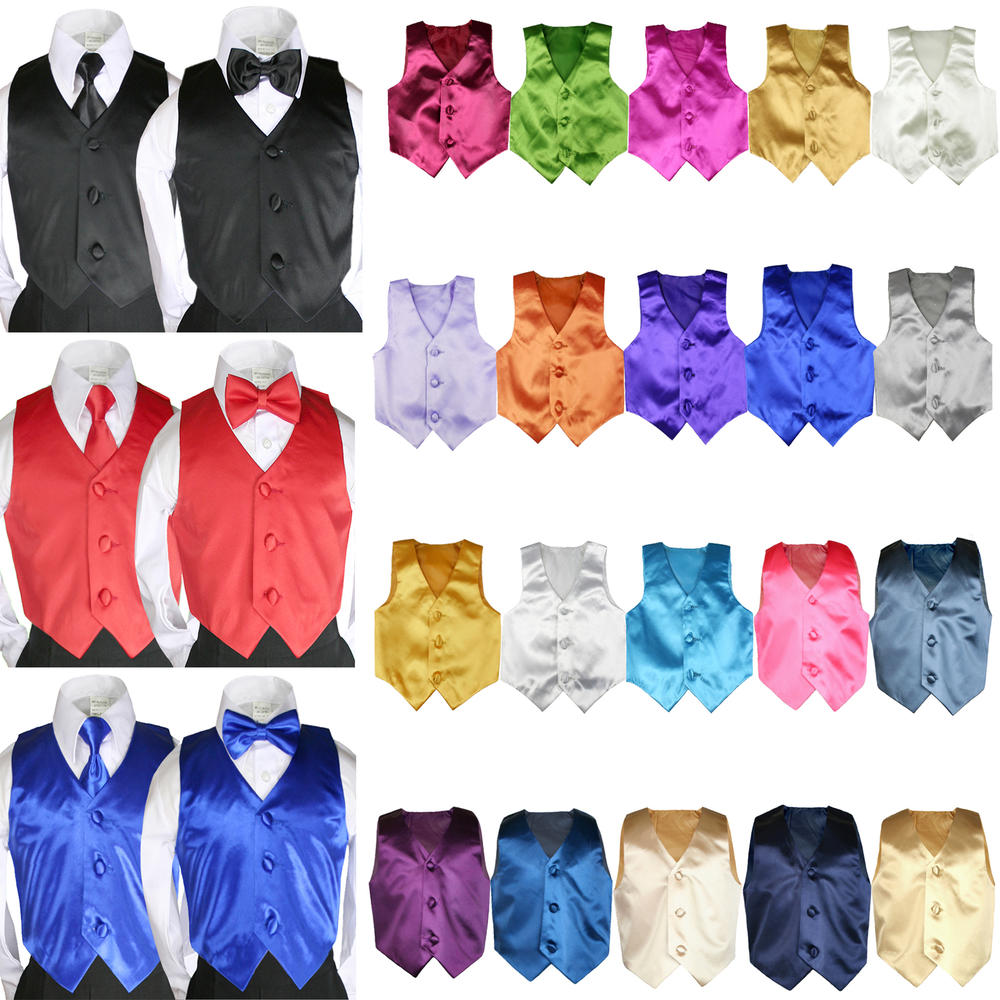 Leadertux S M L XL 2T 3T 4T Solid Color Satin Dark Gray 3pc Vest Necktie Bow Tie Set Boy Baby Infant toddler size for Formal Tux