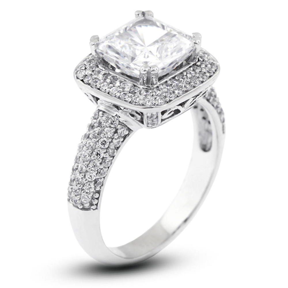 Diamond Traces 5.53ctw D-VS1 Ideal Square Radiant Genuine Certified Diamonds 950 Plat. Halo Four-Pave Rows Accent Engagement Ring 