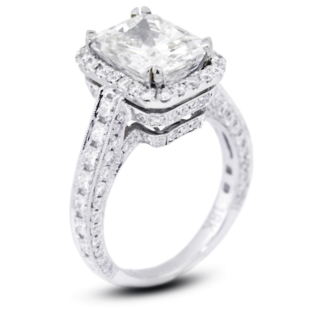 Diamond Traces 6.39ctw G-SI1 Ideal Rectangular Radiant Genuine Certified Diamonds 18k Gold Vintage Milgrain Accent Engagement Ring 