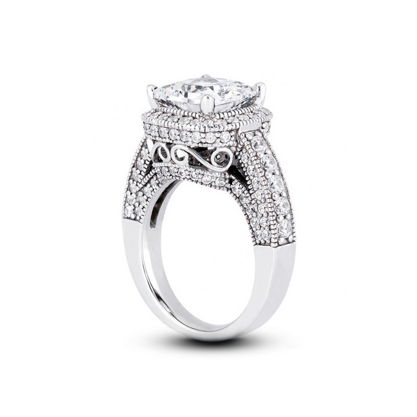 Diamond Traces 5.98ctw D-VS1 Ideal Square Radiant Natural Certified Diamonds 18k Gold Halo Milgrain Accent Engagement Ring