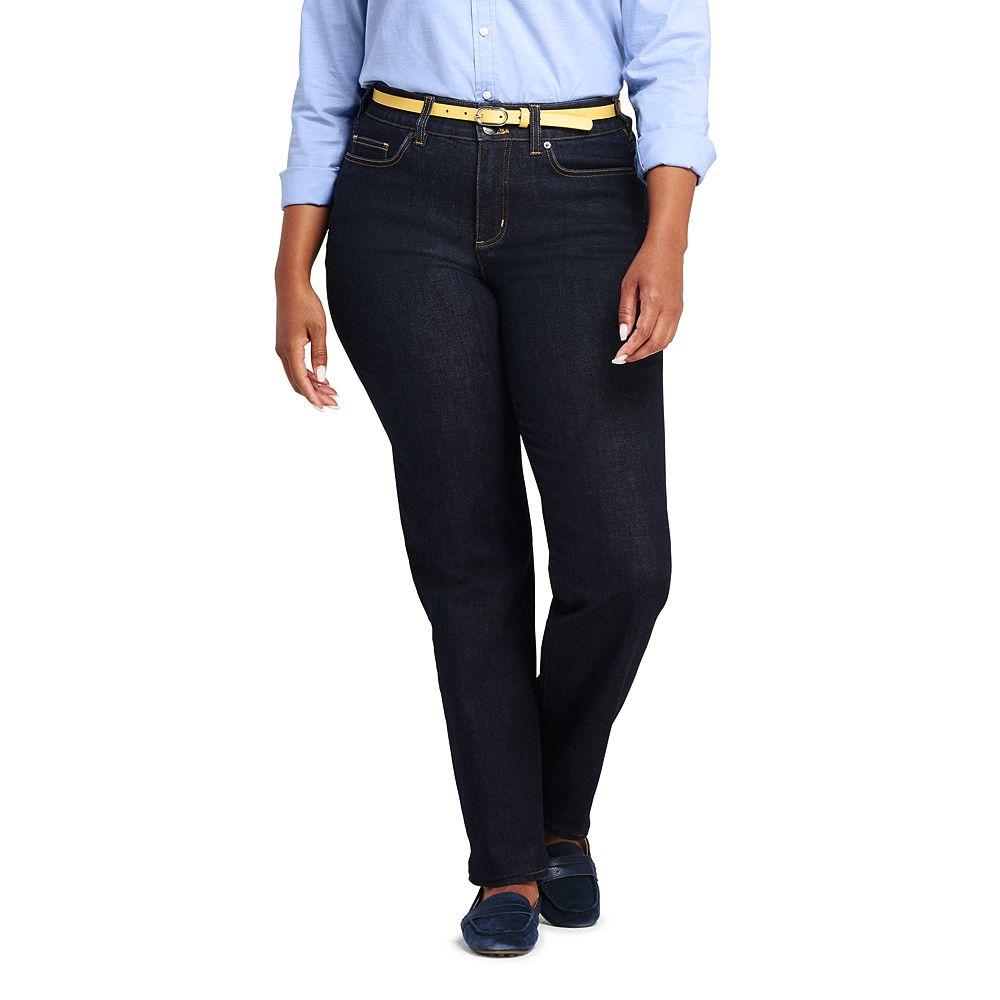 Lands' End Women's Plus Size Mid Rise Straight Fit Shaping Blue Jeans