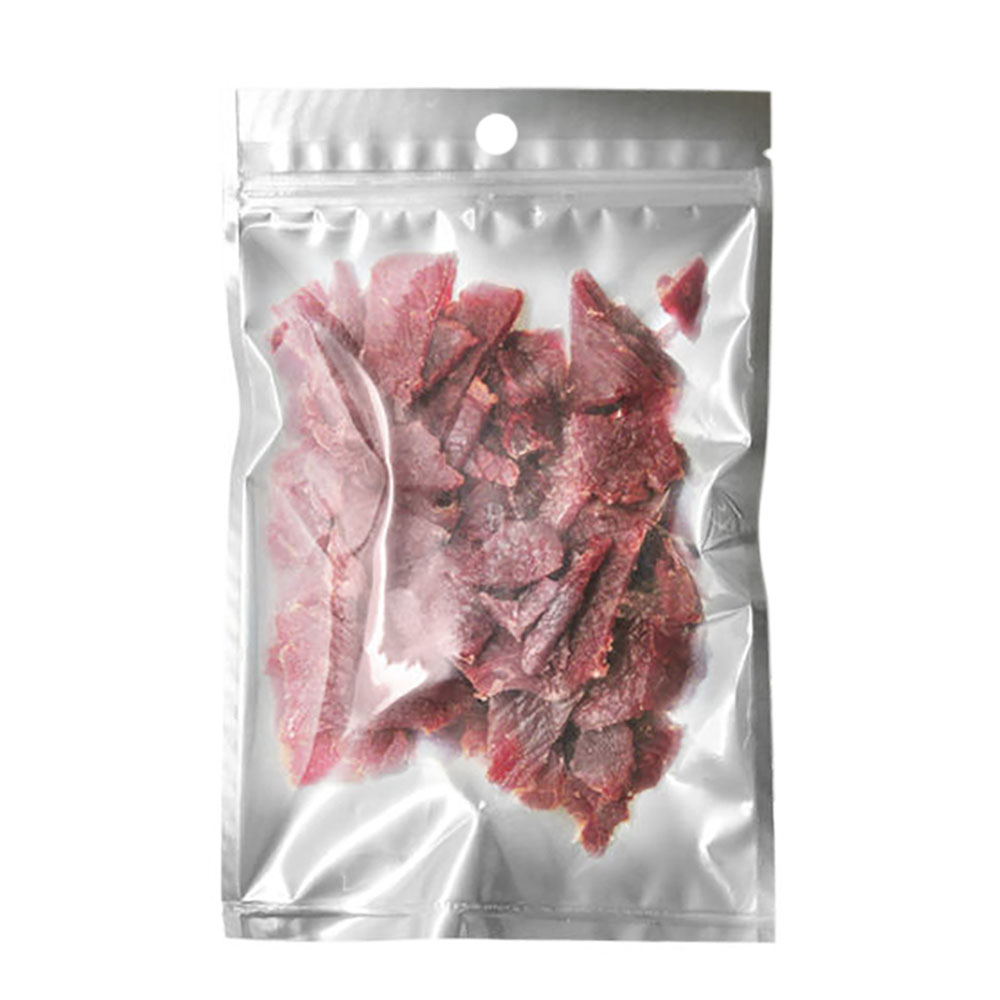 Aspire (Price/100 PCS) Clear Poly / Silver Back Foil Flat Pouch with Zip and Hang Hole, Beef Jerky Pouches w/ Tear Notch, 4 mil