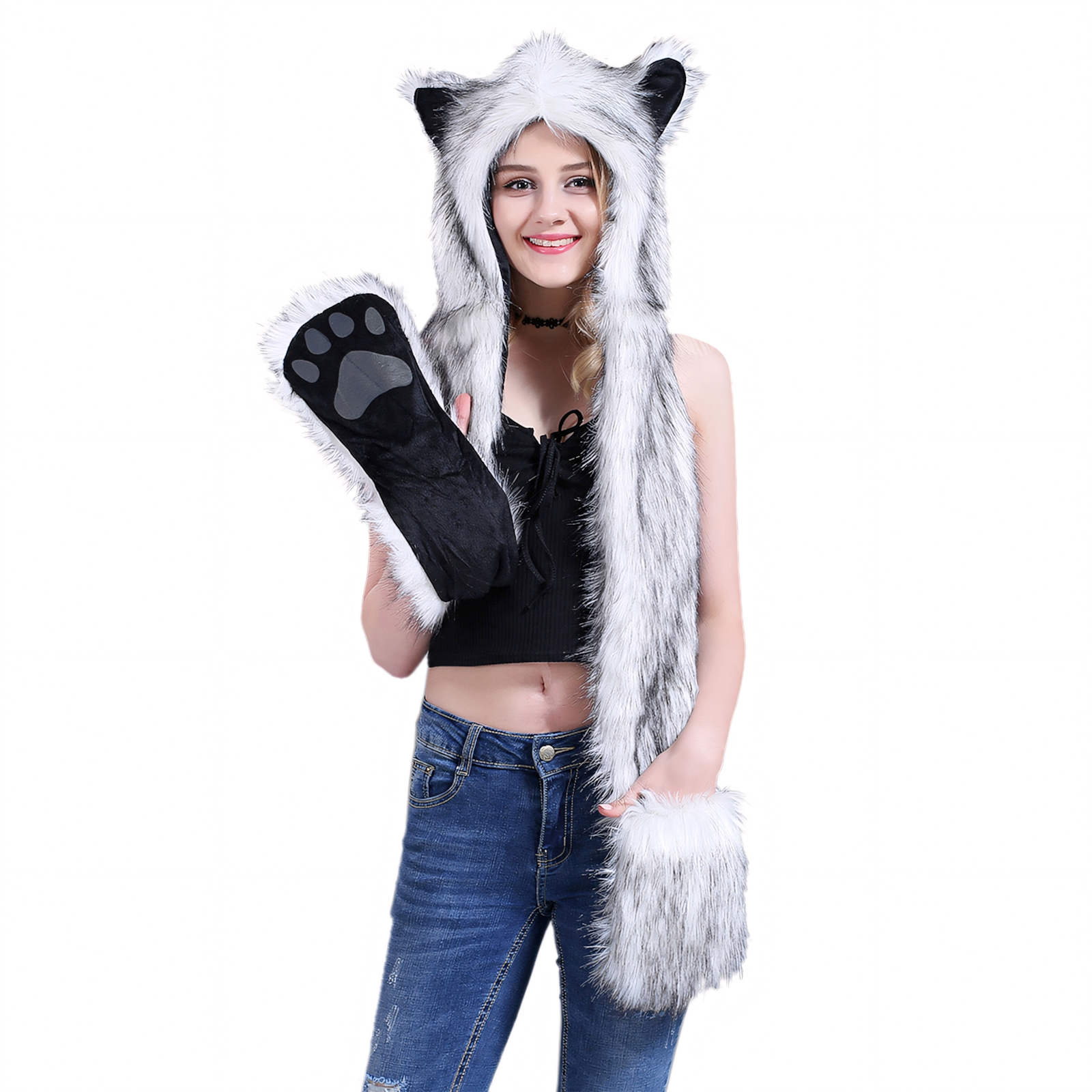Faux Fur Hat Hood Scarf Full Pockets Ear Flat Cap Hoodie Winter Party Costume Kawaii Faux Fur Cat Ear Hood: Plush Winter Costume - Etsy Israel main image 3