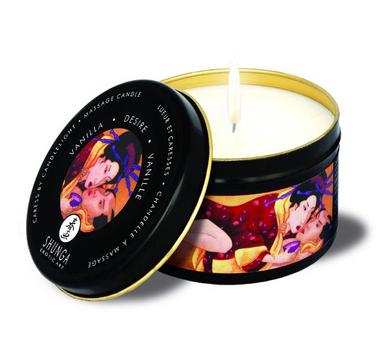 Shunga Gift Set Of  Caress by Candlelight Massage Candle - Vanilla And Fetish Fantasy Series Furry Love Cuffs - Black