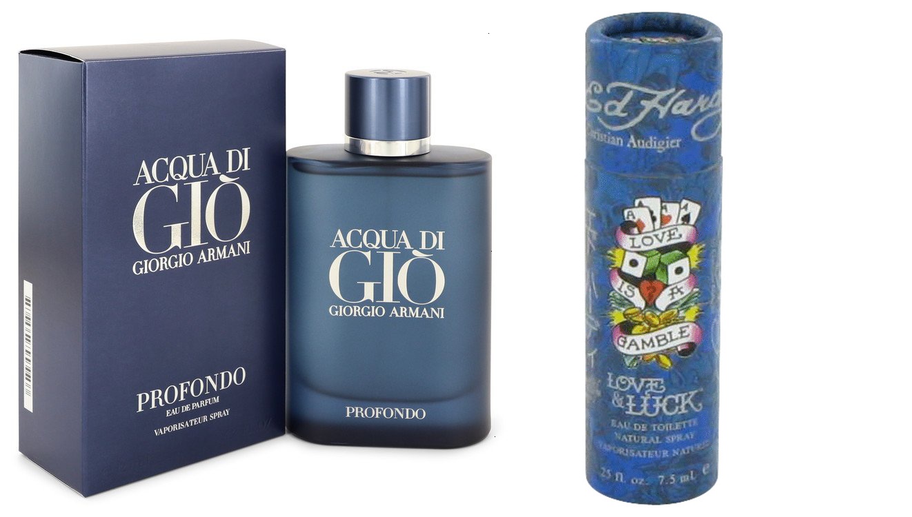 Giorgio Armani Gift Set Acqua Di Gio Profondo Eau De Parfum Spray 4.2 oz And a Love & Luck  Mini EDT  .25 oz