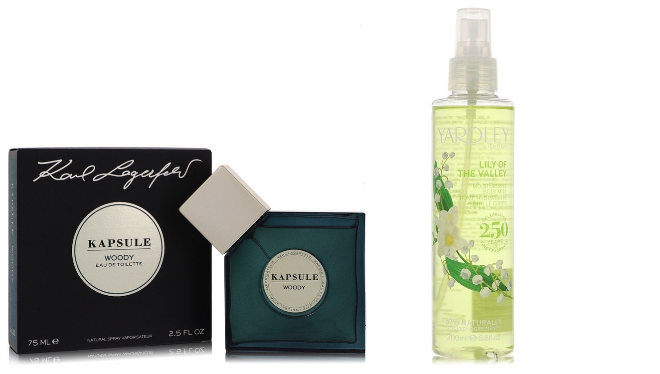 Cologne Bundle of Womens Kapsule Woody by Karl Lagerfeld Eau de Toilette Spray 2.5 oz and A Lily of The Valley Yardley Body Mist 6.8 oz