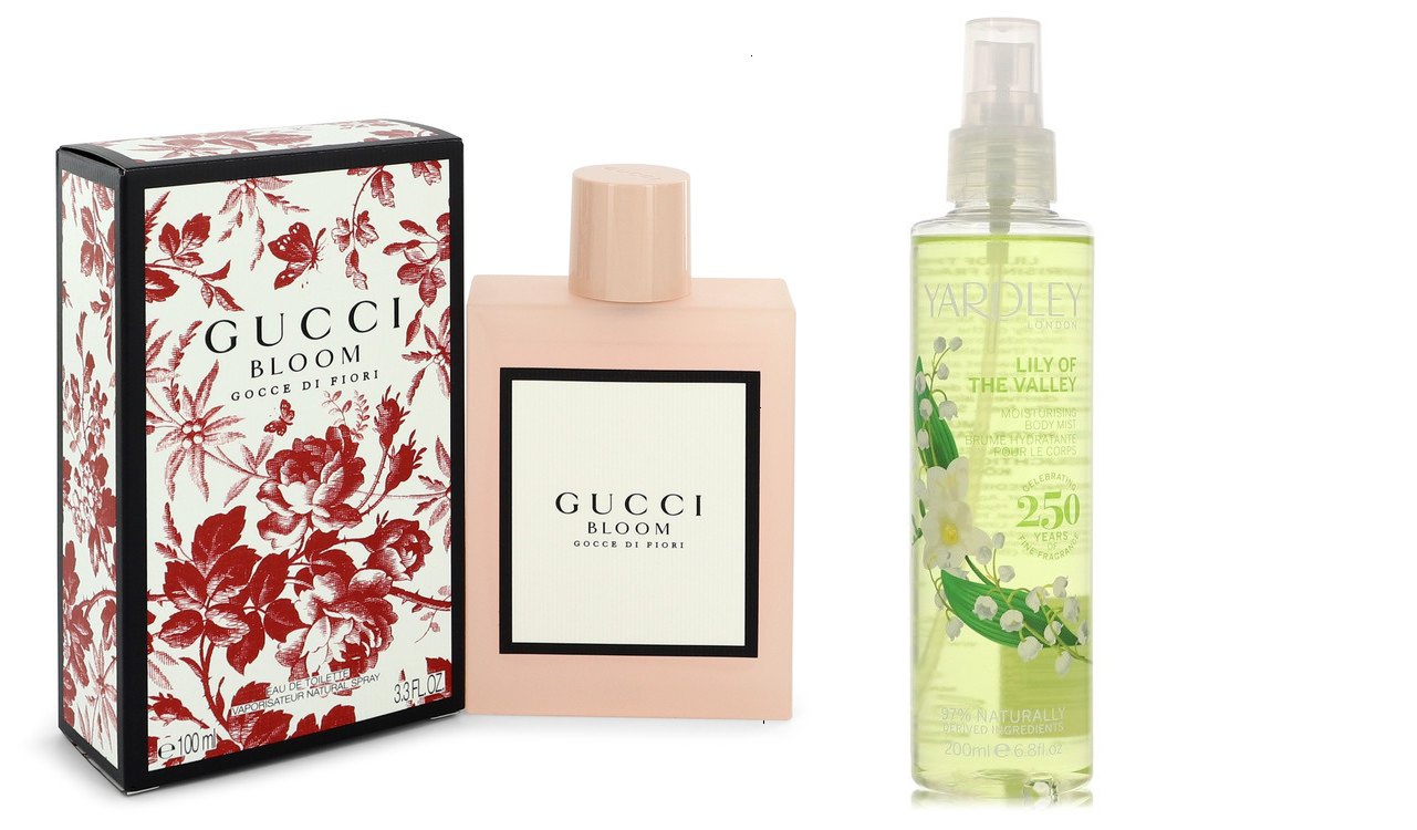 Gucci Set of Womens Gucci Bloom Gocce Di Fiori by Gucci EDT Spray 3.3 oz And a Lily of The Valley Yardley   Mist 6.8 oz 