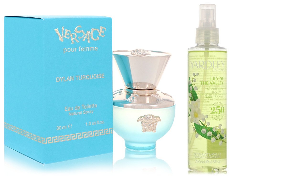 Set of Womens Versace Pour Femme Dylan Turquoise by Versace EDT Spray 1 oz  And a Lily of The Valley Yardley Mist 6.8 oz