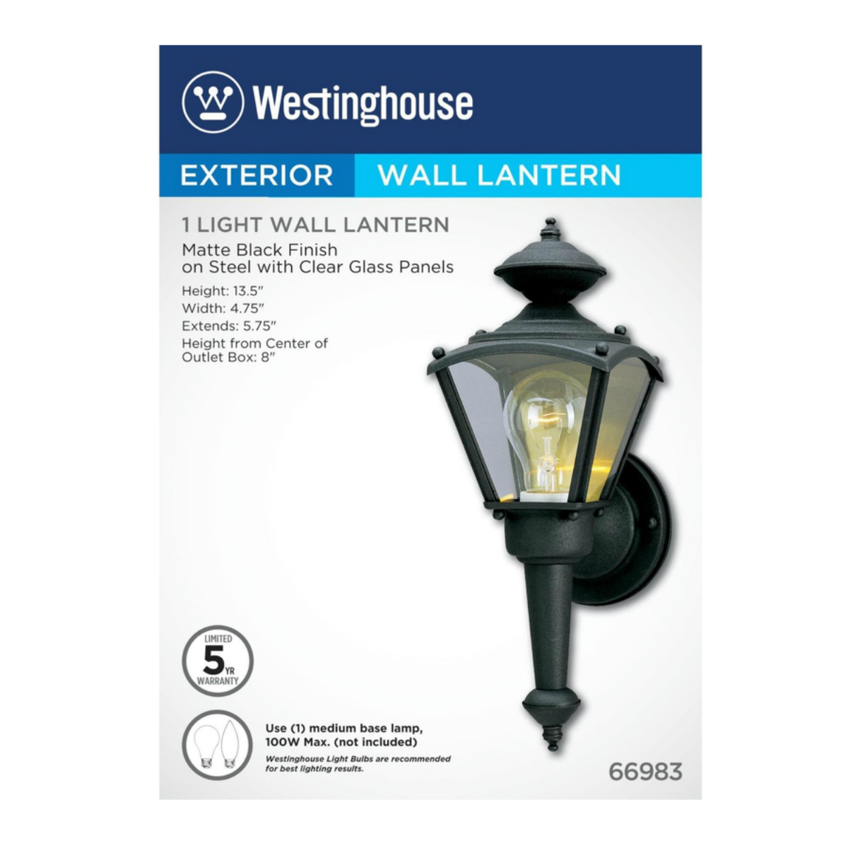 Westinghouse 66983 Outdoor Wall Lantern Fixture, 13" x 5.25" x 4.75"