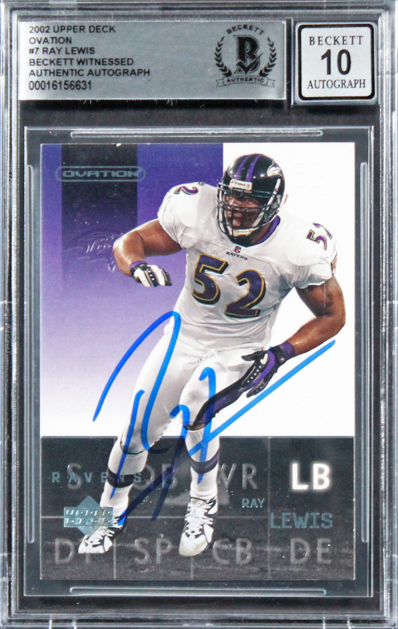 Press Pass Collectibles Ravens Ray Lewis Signed 2002 Upper Deck Ovation #7 Card Auto 10! BAS Slabbed