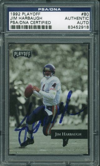 Press Pass Collectibles BEARS JIM HARBAUGH AUTHENTIC SIGNED CARD 1992 PLAYOFF #80 PSA/DNA SLABBED